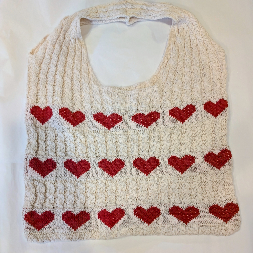 Red Heart Patterned Knit Tote Bag Cottagecore